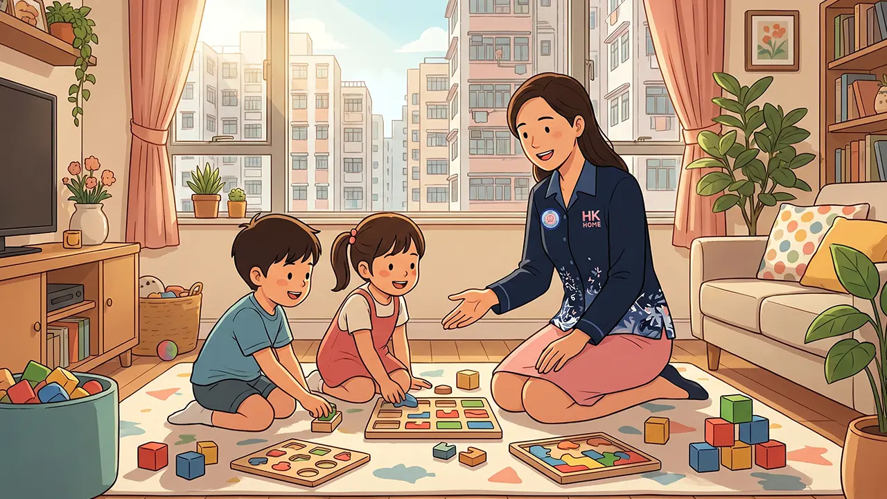 Domestic helper working on child development activities