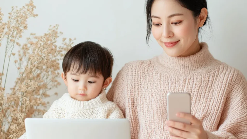 woman checking phone for domestic helper training apps sees HK safekids covers child development and training and daily task schedule